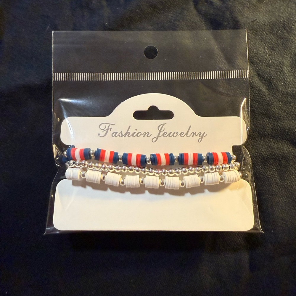 🐠 Fashion Jewelry Red, Blue, and White Beaded Bracelet Trio